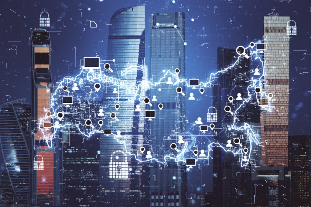 What Is Post-Quantum Security and Why Organizations Are Preparing Now 2 Digital network infrastructure visualization with connected data nodes and cybersecurity technology overlays.