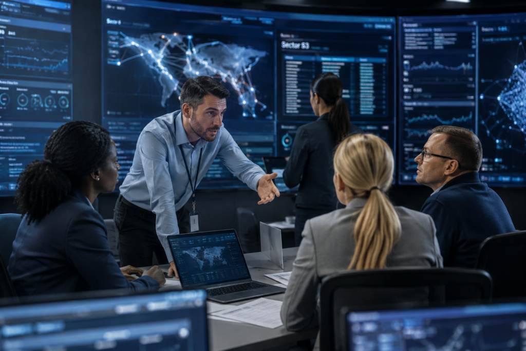 IT professionals collaborating in a high-tech mission operations center with digital network displays.